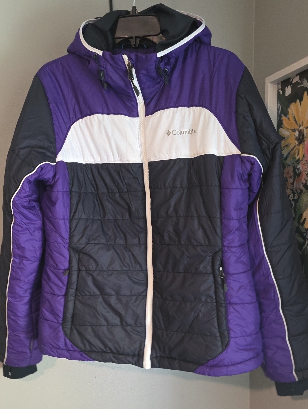 Columbia Shimmer Flash Women's Purple, Black & White Hooded Puffer Jacket Size L